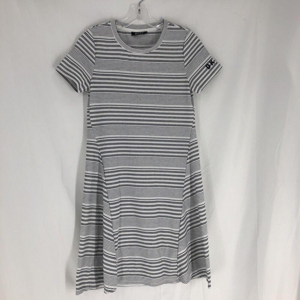 DKNY Black White Striped Knit Cotton A-Line Dress Round Neck Short Sleeve Small